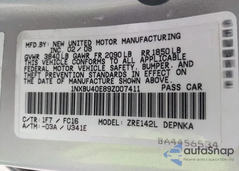 2009 Toyota Corolla Xle z USA, uszkodzony, nr VIN 1NXBU40E89Z007411